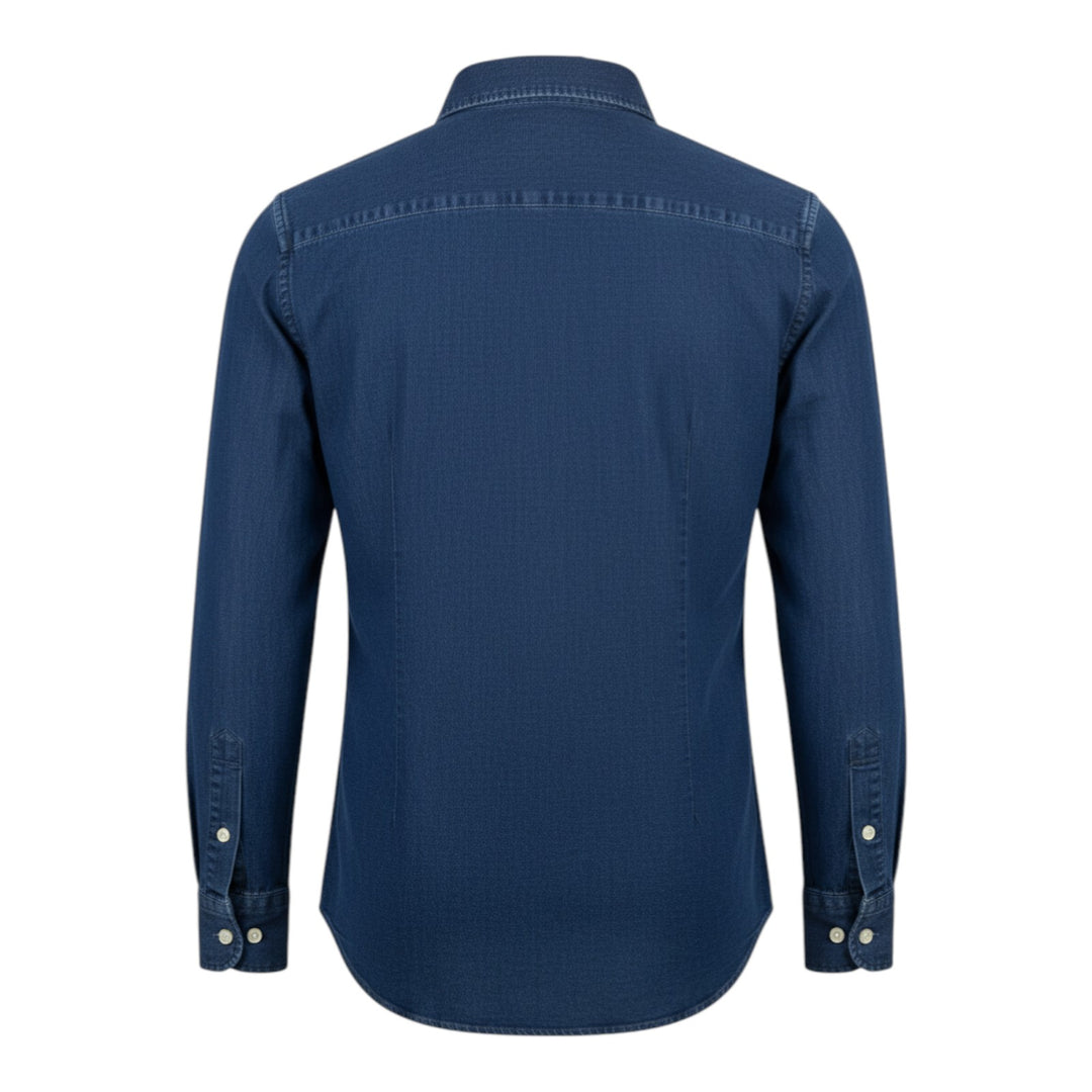 Camisa vaquera de manga larga, corte entallado a medida, lino y algodón, azul