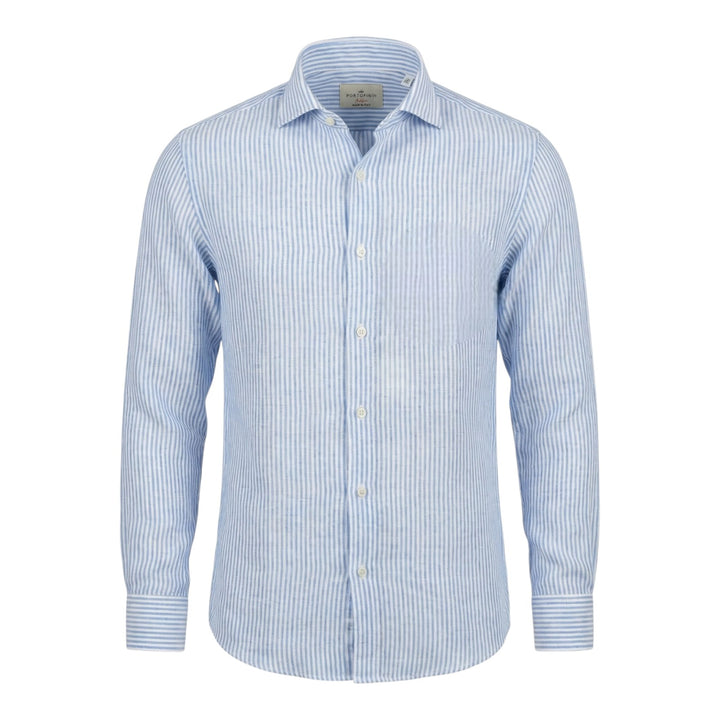 Camicia Manica Lunga Custom Fit 100%Lino Rigata Celeste-Bianco Washed