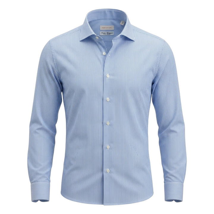 Chemise à manches longues coupe ajustée en coton rayé bleu ciel et blanc