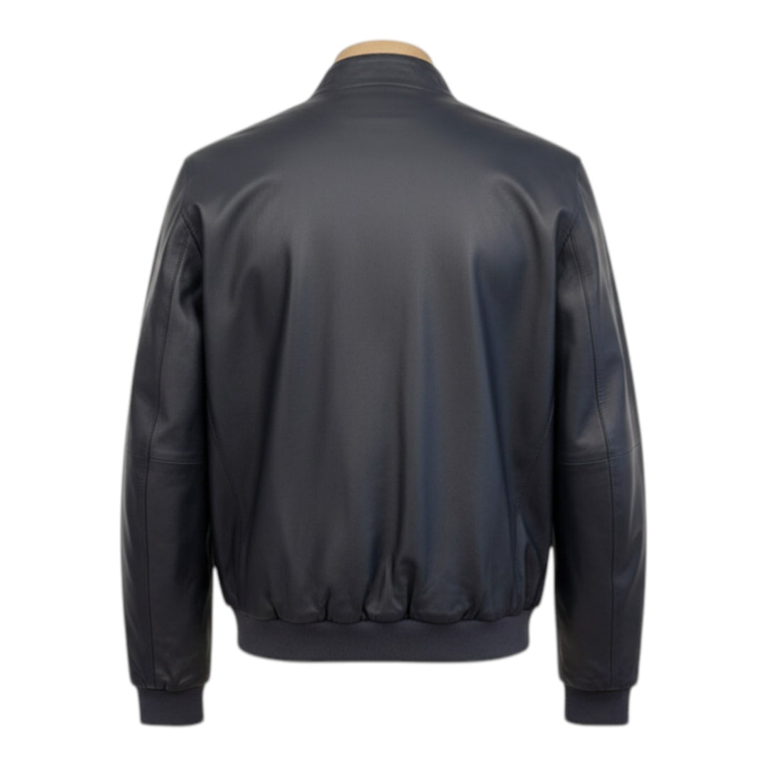 Veste réversible en cuir véritable et nylon bleu marine-militaire