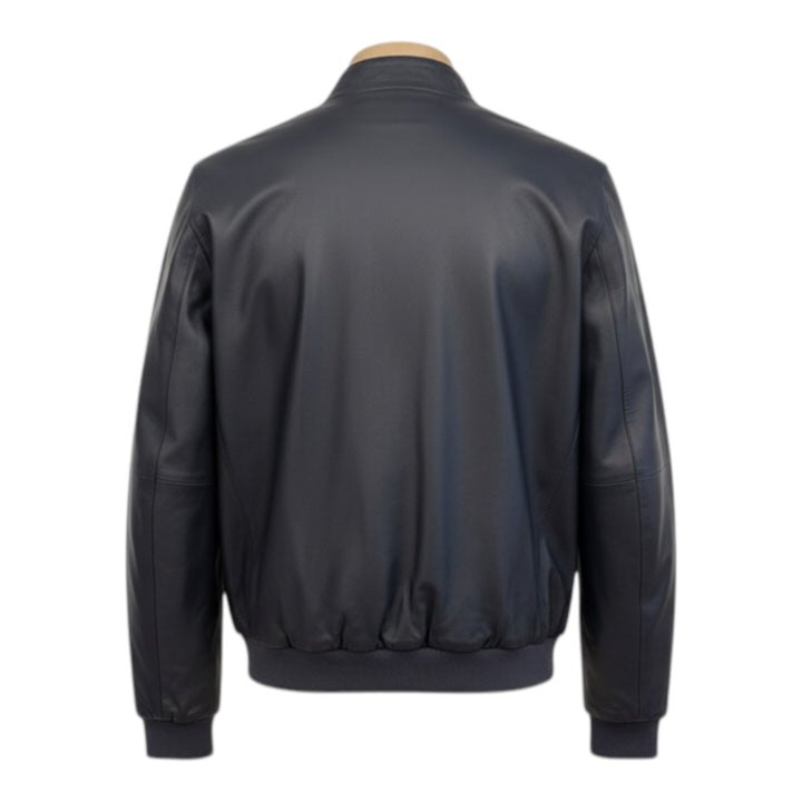 Veste réversible en cuir véritable et nylon bleu marine-militaire