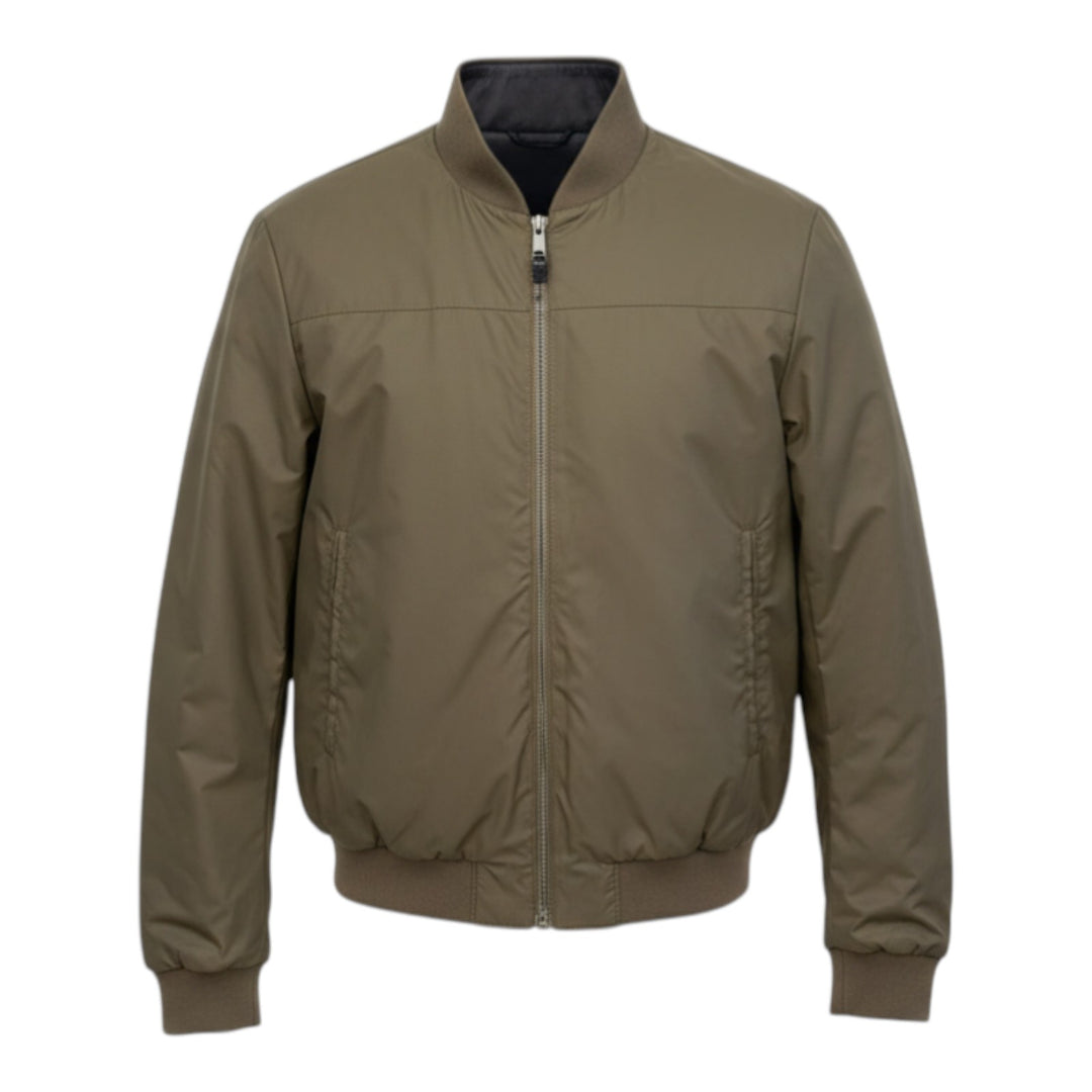 Veste réversible en cuir véritable et nylon bleu marine-militaire