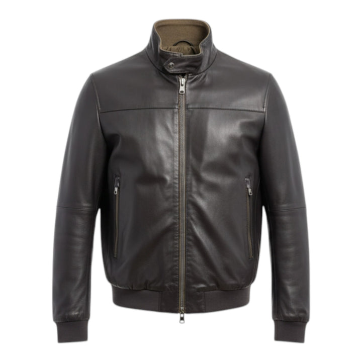 Veste réversible en cuir véritable et nylon, couleur marron foncé-militaire