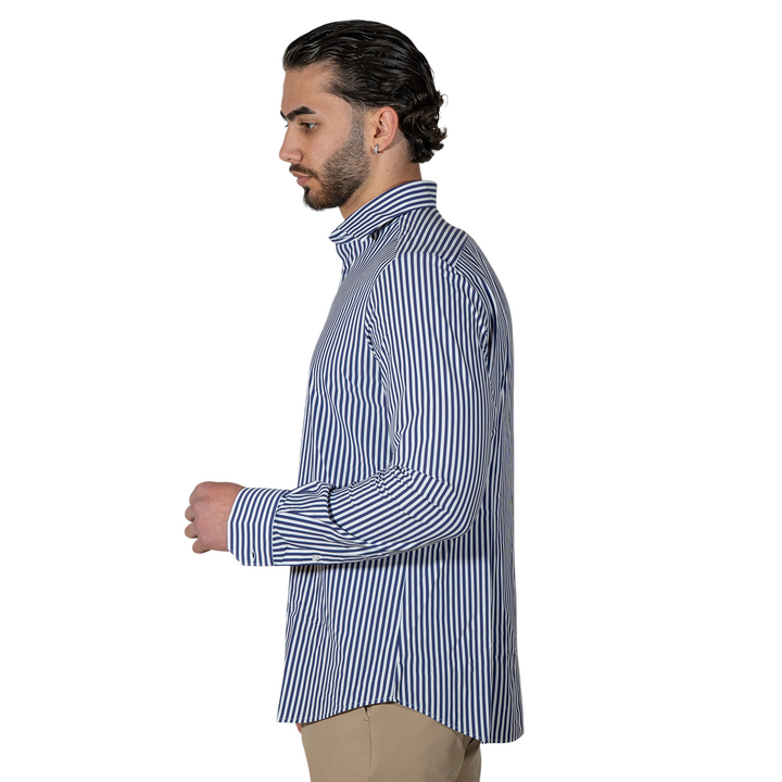 Camicia M/L Collo Francese Rigata Blu NO STIRO