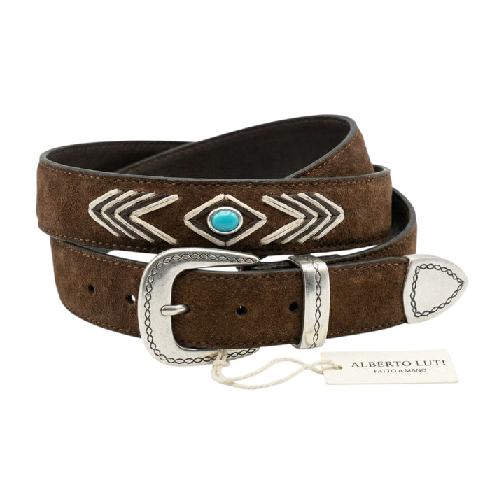 Ceinture en cuir véritable brodée et turquoise brûlé