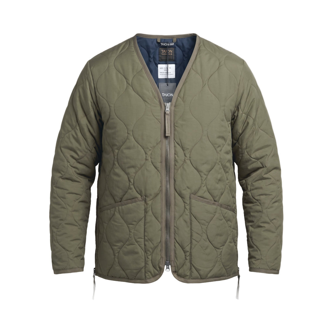 Military Zip V Neck Down Jacket in nylon verde oliva Taion, vista frontale