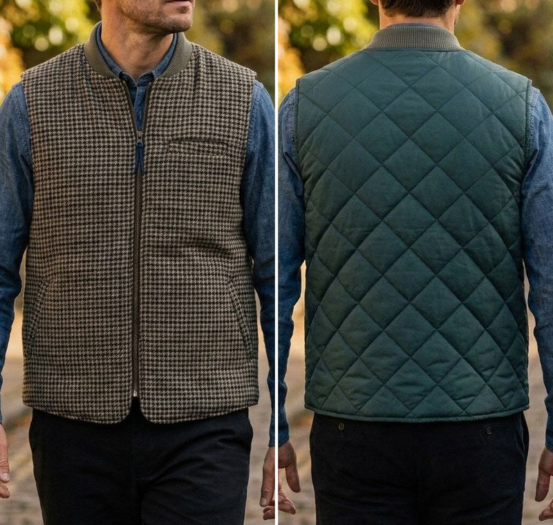 Gilet reversibile Pied de Poule di Bl'ker Vintage indossato: a sinistra il lato pied de poule, a destra il lato trapuntato verde a rombi, visto di schiena.